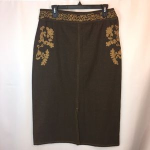 Studio Ease denim skirt long Western Embroidered size 8 brown yellow side zip